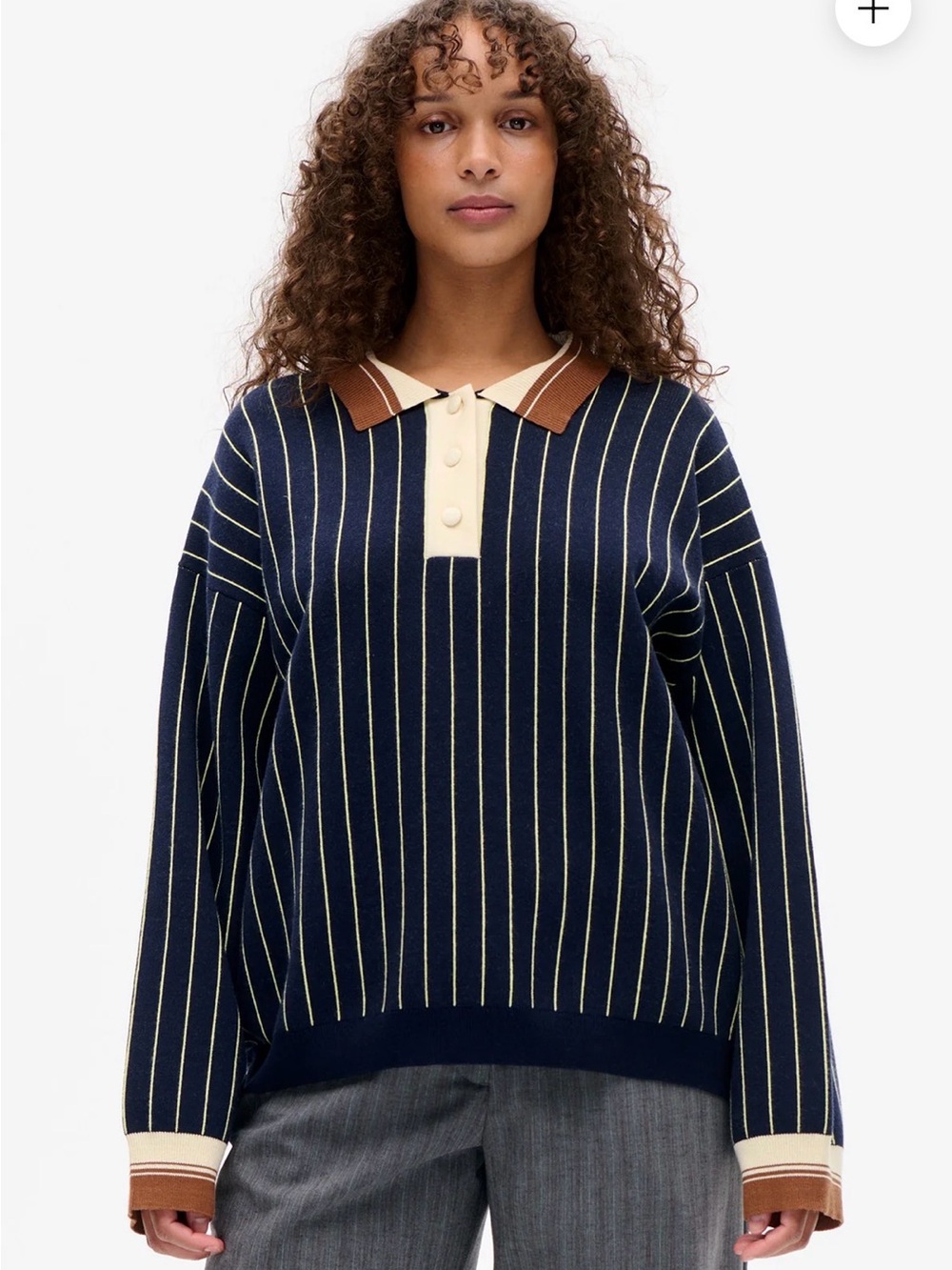 Striped Navy Polo Knit Sweater with Contrast Collar